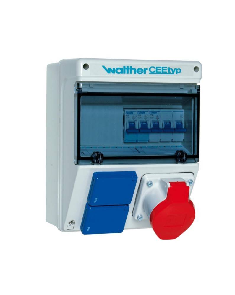 Elektrische Stromverteilungseinheit mit blauen und roten Steckdosen, auf der Oberseite mit 