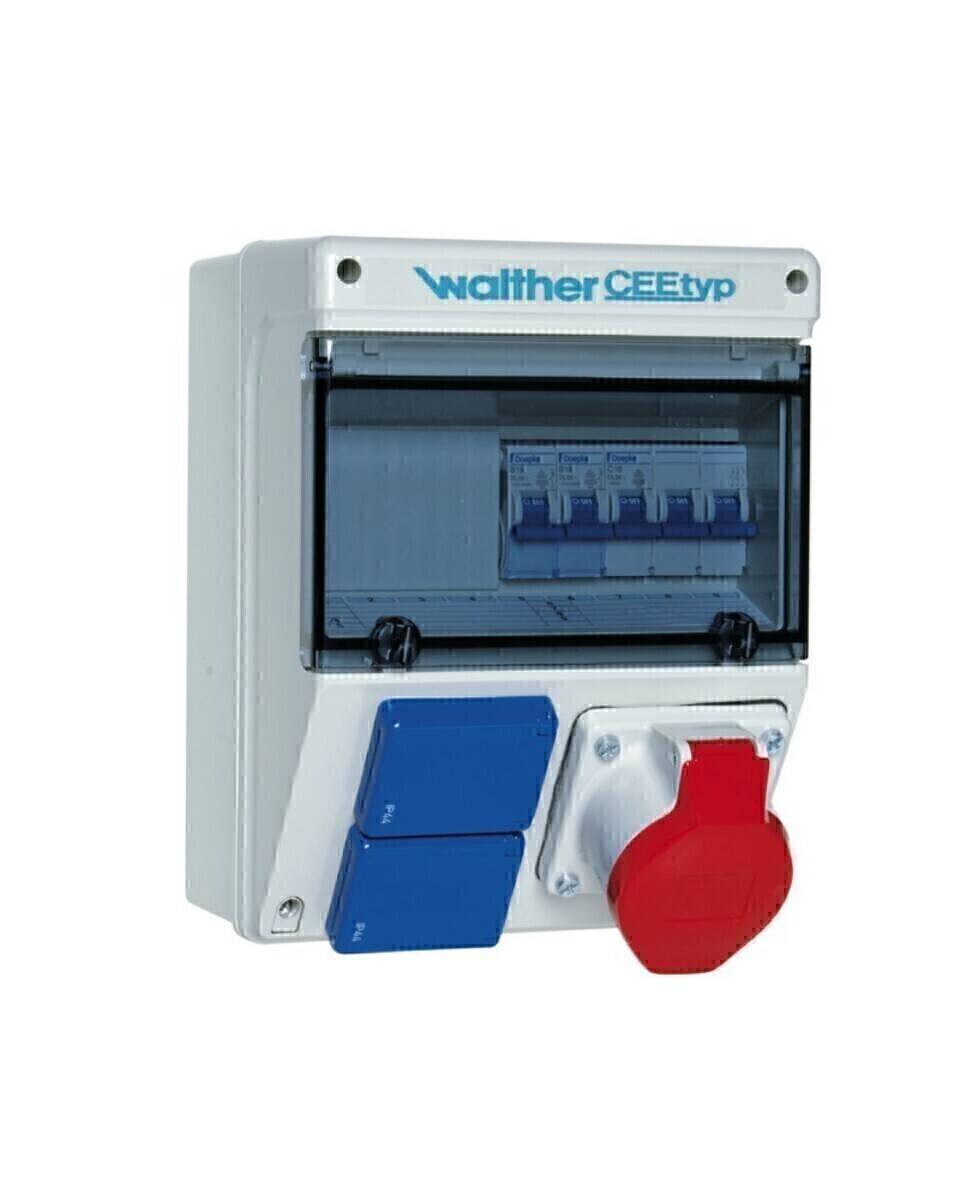 Eine Elektroverteilerdose mit transparentem Deckel, beschriftet mit 'Walther CEEtyp'. Sie verfügt über zwei blaue Steckdosen und eine rote Steckdose.