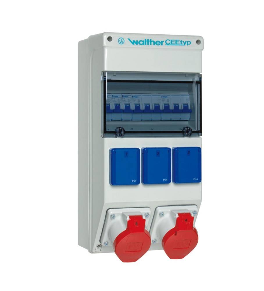 Walther CEEtyp' Elektroverteilkasten mit sechs blauen Leitungsschutzschaltern und zwei roten Steckdosen, verwendet zur Stromverteilung in industriellen Umgebungen.