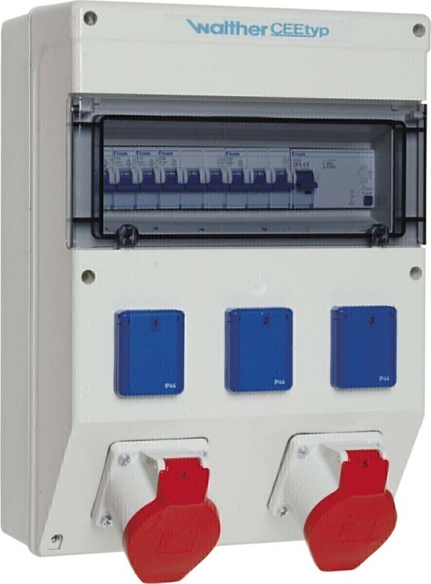 Eine weiße elektrische Steuerungsbox mit zwei Reihen blauer Schalter, von 1 bis 6 beschriftet, und roten Netzsteckdosen am unteren Rand.