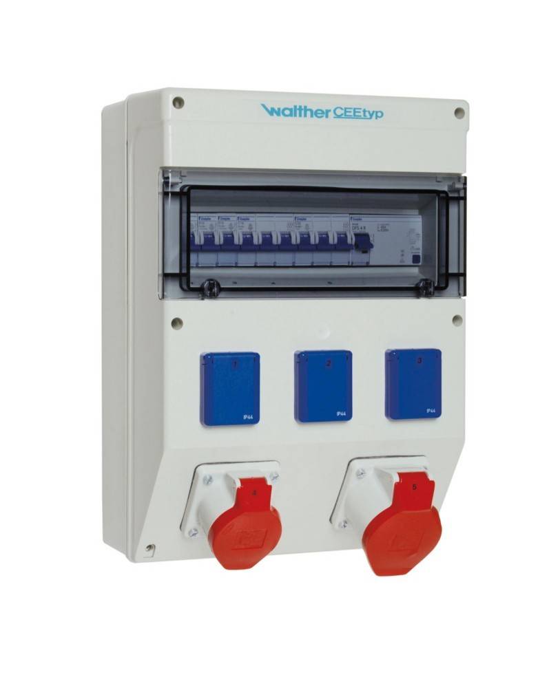 Elektrische Verteilerbox vom Typ 'Walther CEETyp' mit Schaltern und Steckdosen zur Stromverteilung und -steuerung in industriellen Umgebungen.