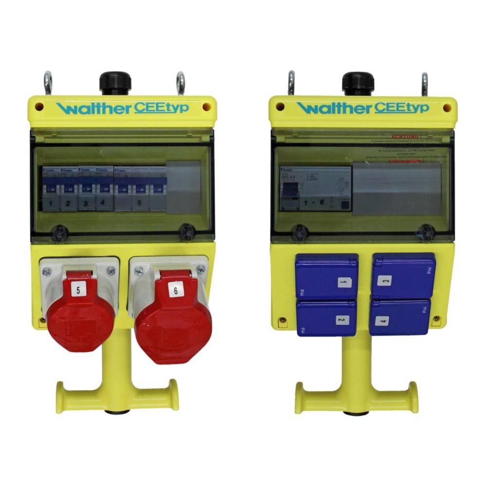 Zwei gelbe Walther CEE-Typ Stromverteilerkästen mit Steckdosen und Schaltern, die zur Steuerung elektrischer Anschlüsse verwendet werden.