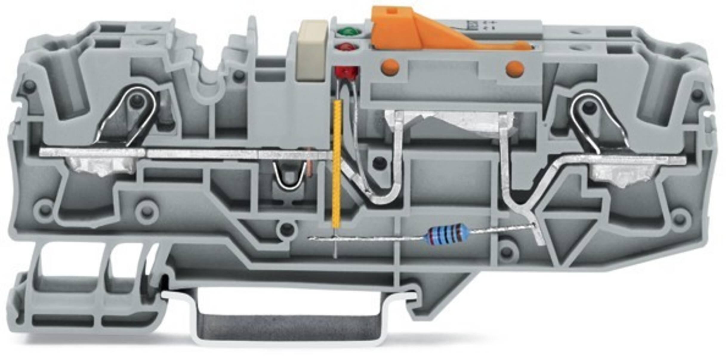 Querschnitt eines Klemmenblocks mit Darstellung der internen Komponenten, einschließlich eines Widerstands, Kontaktpunkten und Verdrahtungspfad für elektrische Verbindungen.