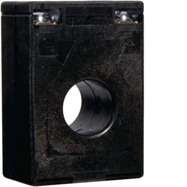 Eine rechteckige schwarze elektrische Komponente mit einem kreisrunden Loch in der Mitte, wahrscheinlich ein Stromwandler oder ein ähnliches Gerät.