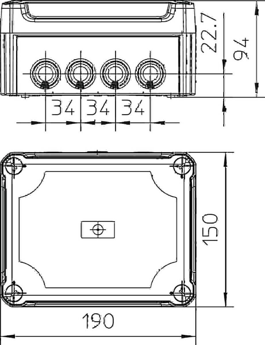 Technische Zeichnung eines rechteckigen Bauteils mit fünf kreisförmigen Anschlüssen an der Oberseite. Abmessungen sind als 94, 150 und 34 Einheiten angegeben.
