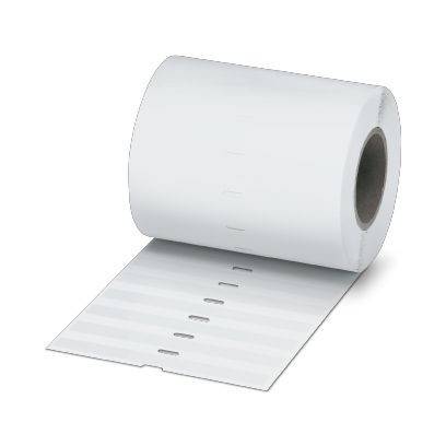 Große weiße Rolle mit Haftetiketten, die einen Streifen von leeren rechteckigen Etiketten mit einer Mittelperforation speist.