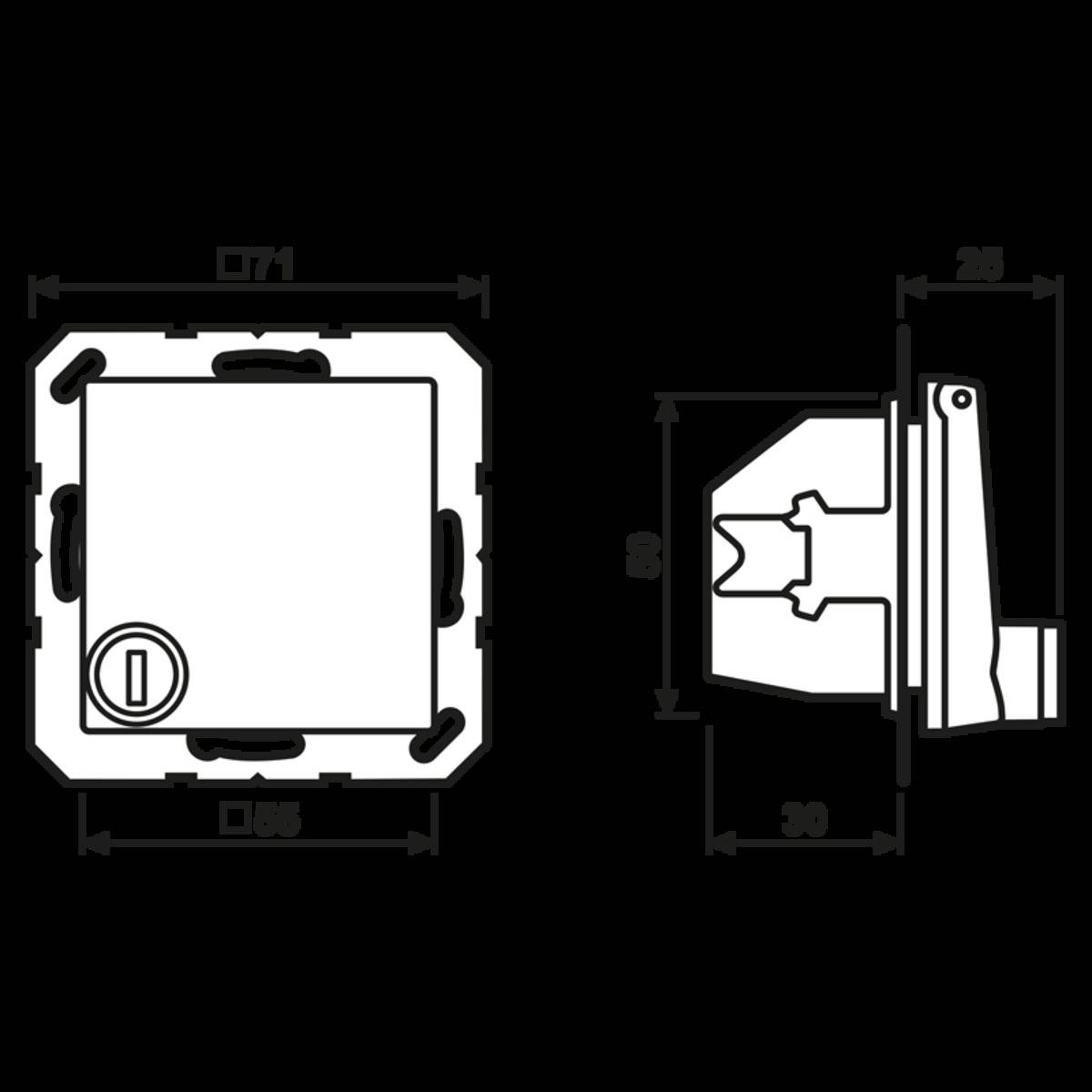 Technische Zeichnung mit Abmessungen einer quadratischen elektrischen Komponente, 71x71 Einheiten Frontansicht, 35x35x29 Einheiten Seitenansicht.