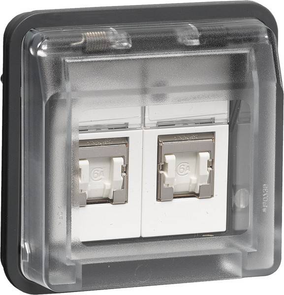 Eine doppelte Steckdose mit einer transparenten Schutzabdeckung, die für Sicherheit und Langlebigkeit konzipiert ist.