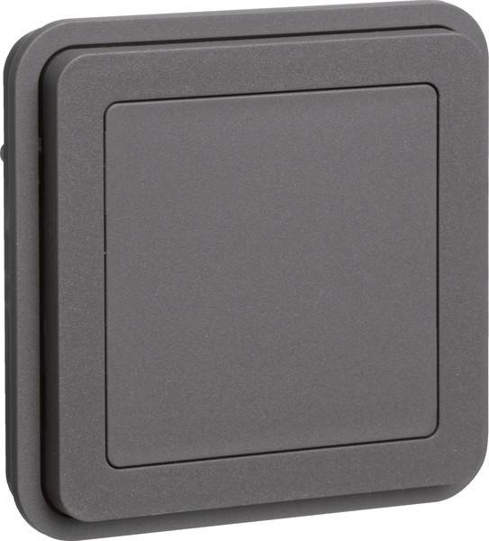 Ein quadratischer, dunkelgrauer, moderner Lichtschalter mit minimalistischem Design, geeignet für zeitgenössische Innenräume.