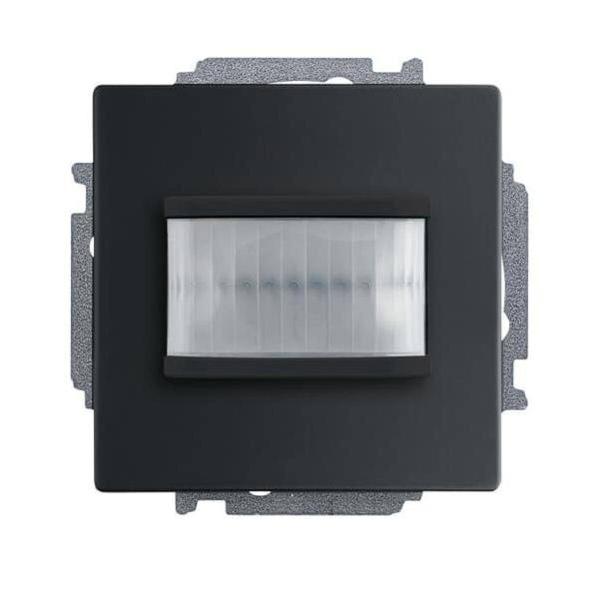 Ein quadratischer schwarzer Bewegungssensor mit einer zentral positionierten weißen Infrarot-Detektionsplatte, der für die Wandmontage konzipiert ist.