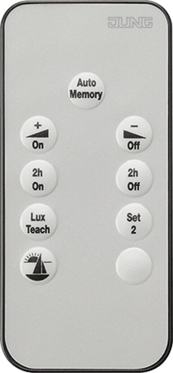 Eine Fernbedienung mit Tasten, die beschriftet sind: 'Ein', 'Aus', '2h Ein', '2h Aus', 'Lux', 'Set 2'. Sie scheint ein Gerät oder eine Lampe zu steuern.