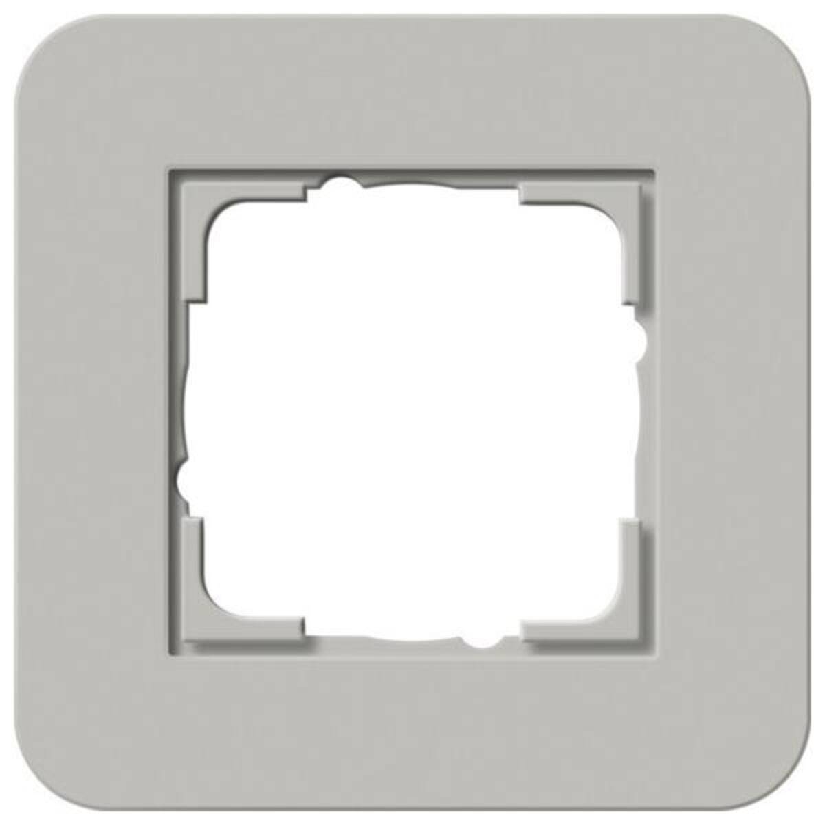 Blanke quadratische Wandplatte mit zentraler Aussparung für eine Steckdose oder einen Schalter, dargestellt auf hellgrauem Hintergrund.