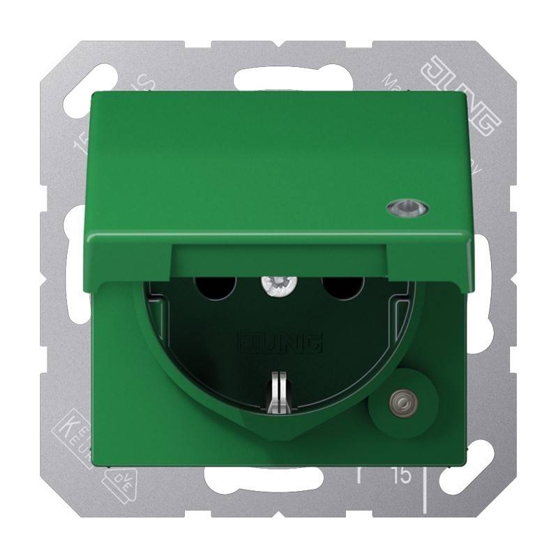 Grüne elektrische Wandsteckdose auf einem Metallrahmen, Vorderansicht.