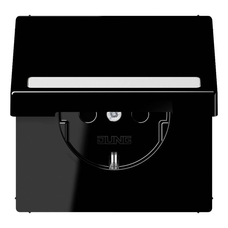 Schwarze Wandsteckdose mit aufklappbarem Deckel und einer einzelnen Buchse darunter