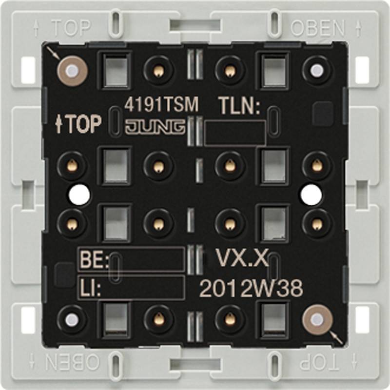 Elektrische Wandschalter-Grundplatte, beschriftet mit '4191TSM JUNG', mit sichtbaren Anschlusspunkten und markierten Orientierungen 'TOP' und 'OPEN'.