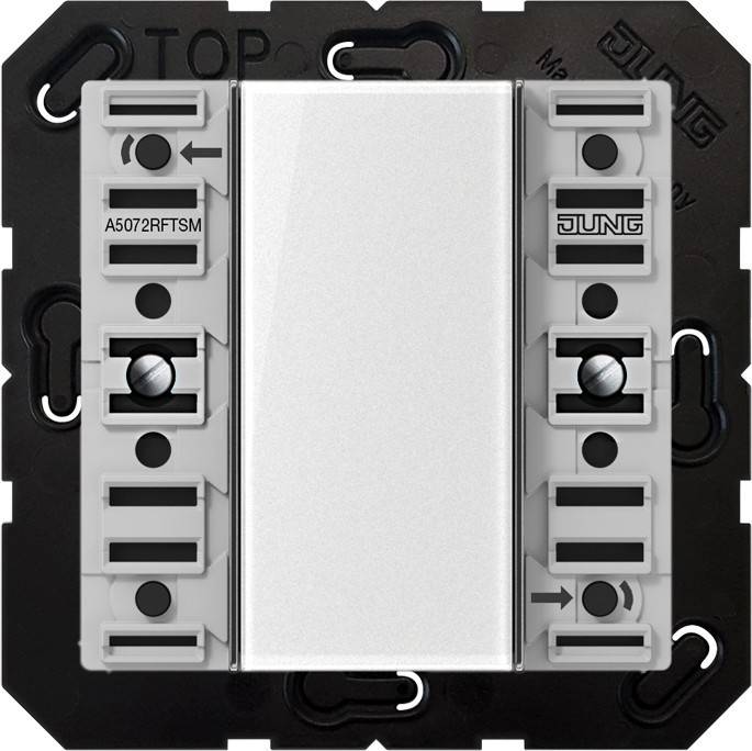 Ein weißer Elektroschalter mit zentralem Kippschalterdesign, eingebaut in einen schwarz-grauen Rahmen. Beschriftungen zeigen 'A5072RFTSM' und 'Jung'.