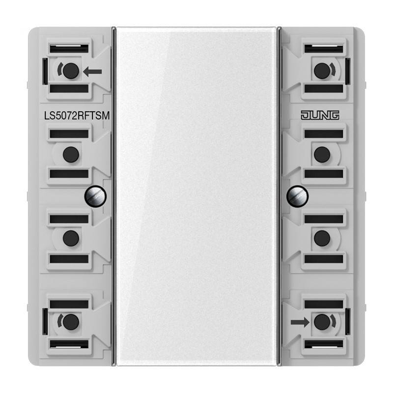 Frontansicht eines Jung-Elektroschalters oder Dimmermoduls für die Wandmontage mit silbernem Mittelwippschalter und seitlichen Anschllussklemmen mit der Bezeichnung „LS5072RTSM