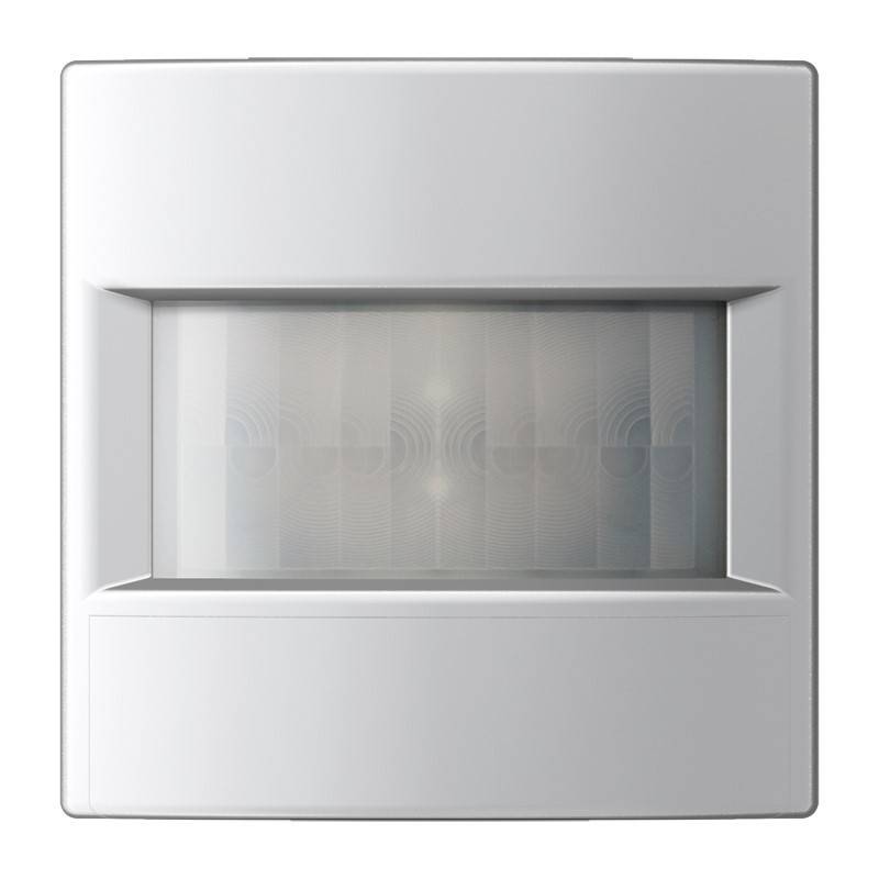 Quadratischer wandmontierter Bewegungsmelder oder Lichtschalter in weißem Kunststoffrahmen mit mattiertem Zentralpaneel.