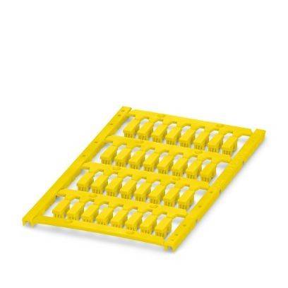 Gelber Kunststoffrahmen mit vielen kleinen gegossenen Teilen, wahrscheinlich Spielzeug- oder Modellkomponenten, auf weißem Hintergrund.