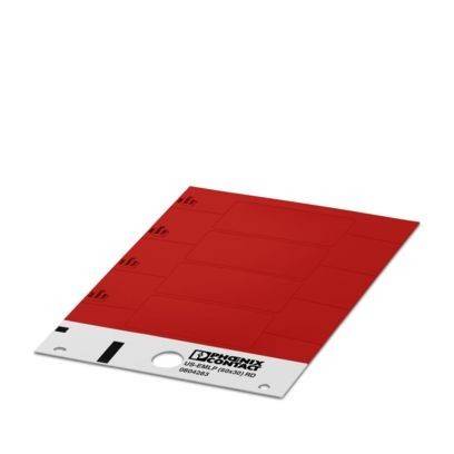 Rotes Klebeetikett-Blatt mit weißem unteren Streifen und Logo, gezeigt als Produktmuster auf weißem Hintergrund.