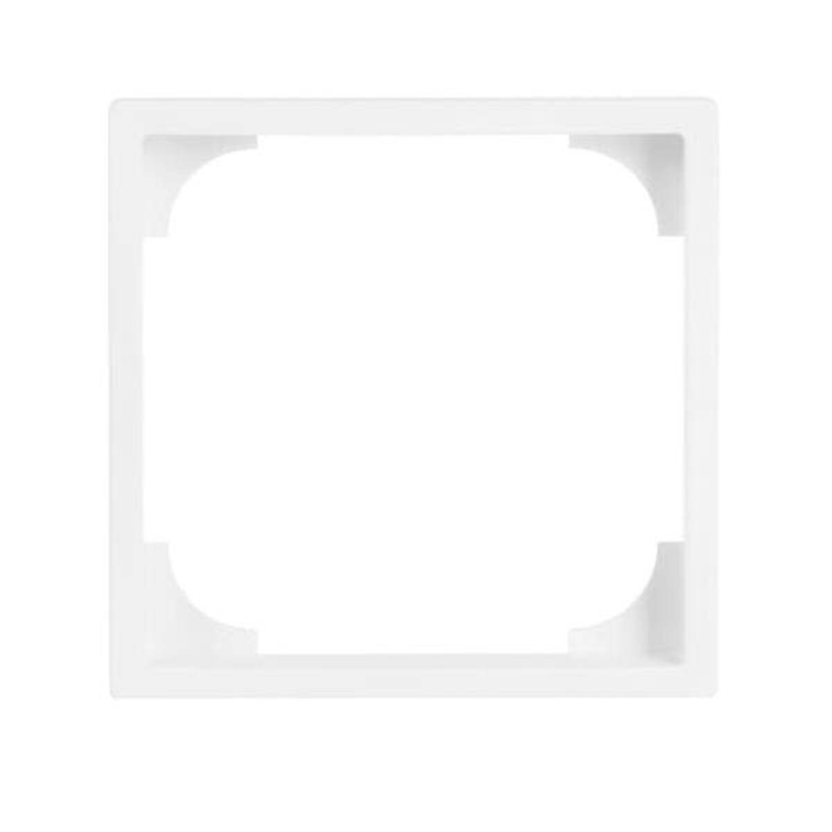 Ein weißer, quadratischer, hohler Rahmen mit abgerundeten Innenecken, von vorn betrachtet, auf einem einfarbig weißen Hintergrund.