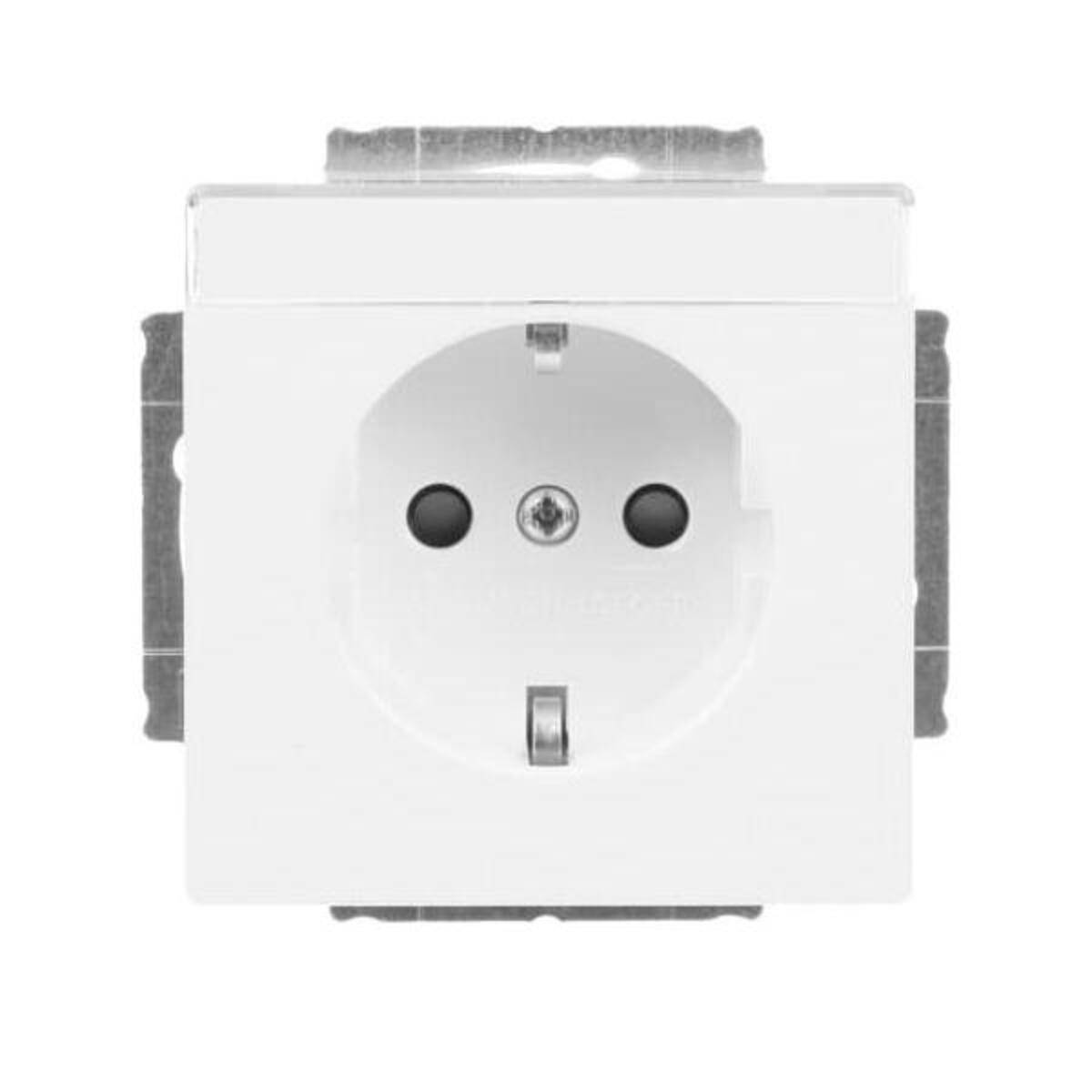 Eine weiße elektrische Wandsteckdose mit zwei runden Steckerlöchern und einem Erdungsloch, bereit zur Installation in eine Wandvorrichtung.