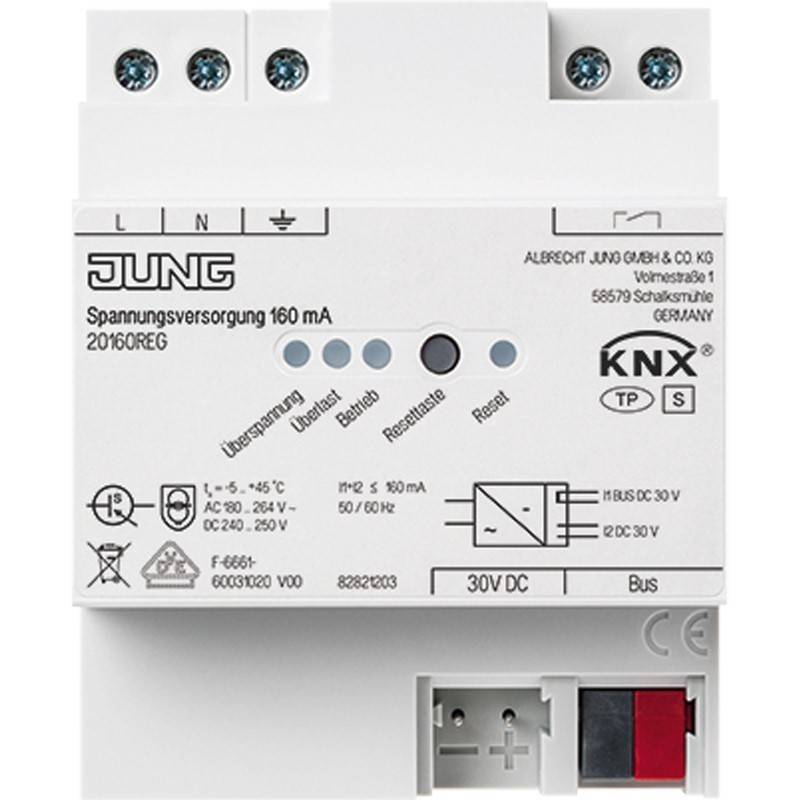 Vorderansicht einer JUNG-KNX-Stromversorgungseinheit mit der Beschriftung „Spannungsversorgung 160 mA