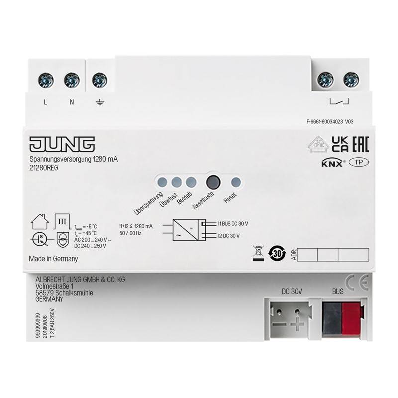 Foto einer JUNG-KNX-Stromversorgungseinheit mit der Bezeichnung „Spannungsversorgung 1280 mA