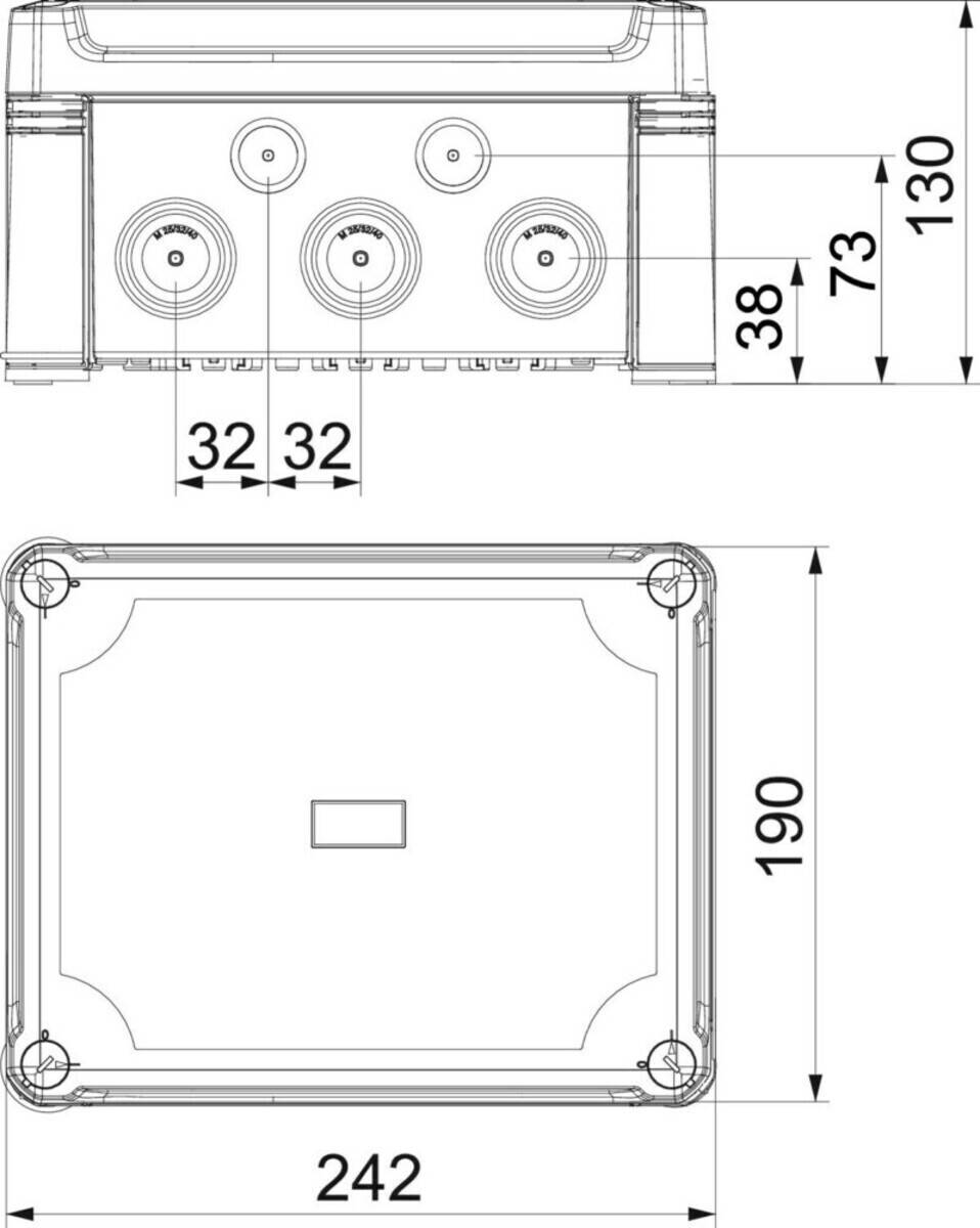 Diagramm einer rechteckigen Elektro-Verteilerdose mit beschrifteten Abmessungen: Breite 130 mm, Höhe 190 mm und Tiefe 73 mm; Lochabstand 32 mm.