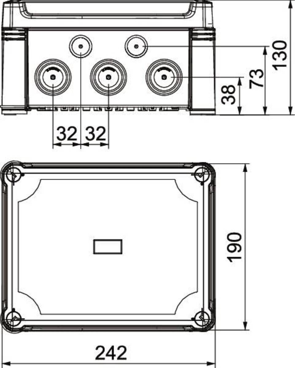 Technische Zeichnung einer rechteckigen elektrischen Box mit Maßangaben: Höhe 190, Breite 130, Tiefe 78 und Anschlusspunkten.