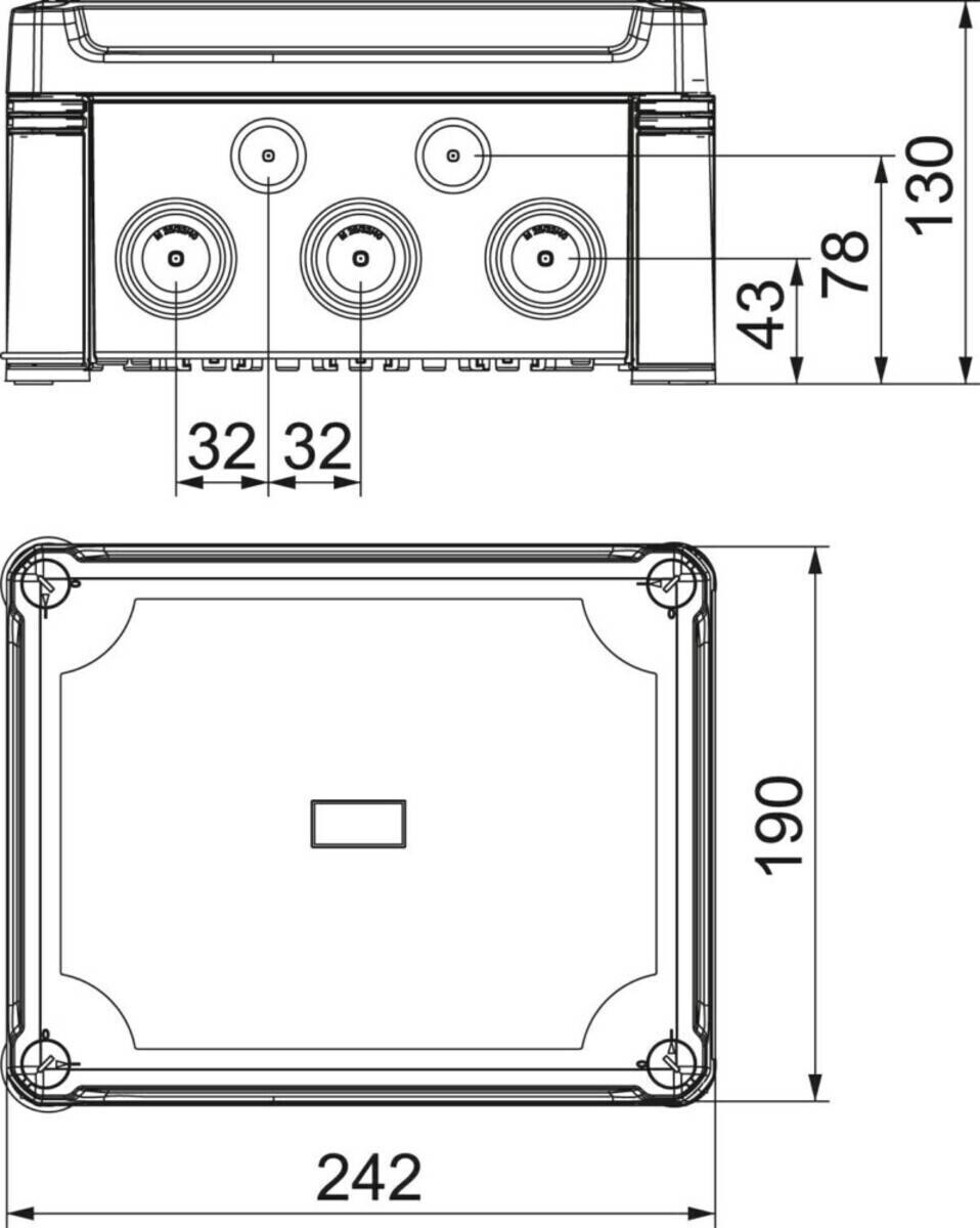 Technische Zeichnung eines rechteckigen Geräts mit Abmessungen: Draufsicht zeigt Anschlüsse, die 32 mm voneinander entfernt sind, Gehäusehöhe 43 mm, Breite 130 mm; Frontansicht Höhe 190 mm.
