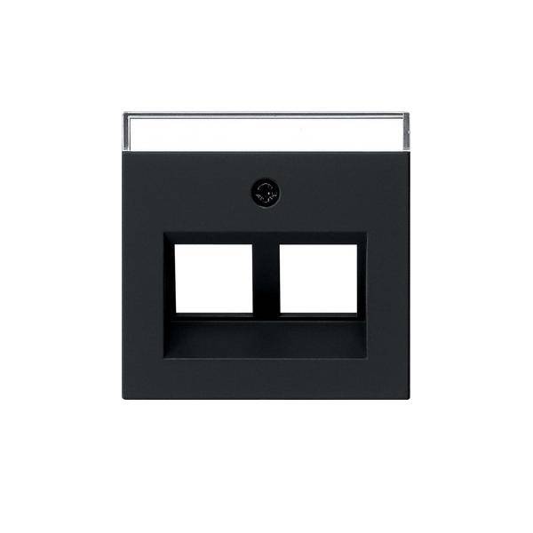 Schwarze Wandplatte mit zwei quadratischen modularen Öffnungen und durchsichtiger Abdeckung, dargestellt auf weißem Hintergrund.