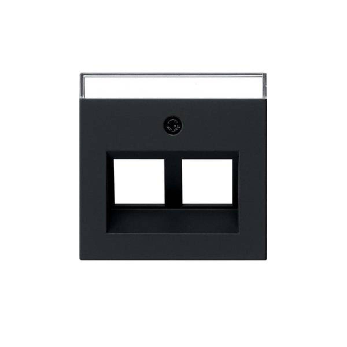 Eine schwarze, quadratische modulare Wandplatte mit zwei Öffnungen für Datenports, einer Schraube in der Mitte und einem transparenten oberen Bereich.