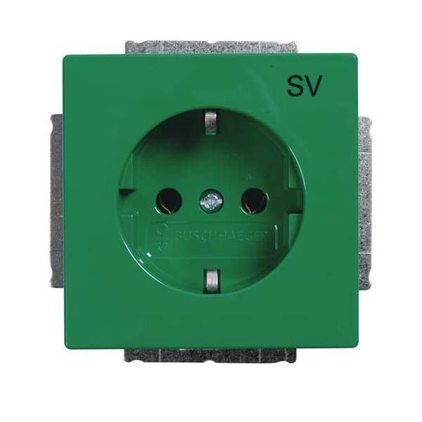 Eine grüne Steckdose mit zwei runden Löchern und einem Schutzleiter, in der oberen rechten Ecke mit 'SV' beschriftet.