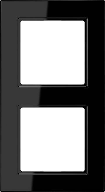 Glänzende schwarze Wandabdeckung mit zwei Löchern für Schalter oder Steckdosen mit elegantem, modernem Design.