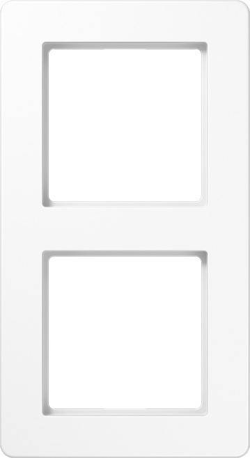 Eine weiße, vertikale Unterputzdoppelschalterblende mit zwei rechteckigen Öffnungen für elektrische Schalter oder Steckdosen.