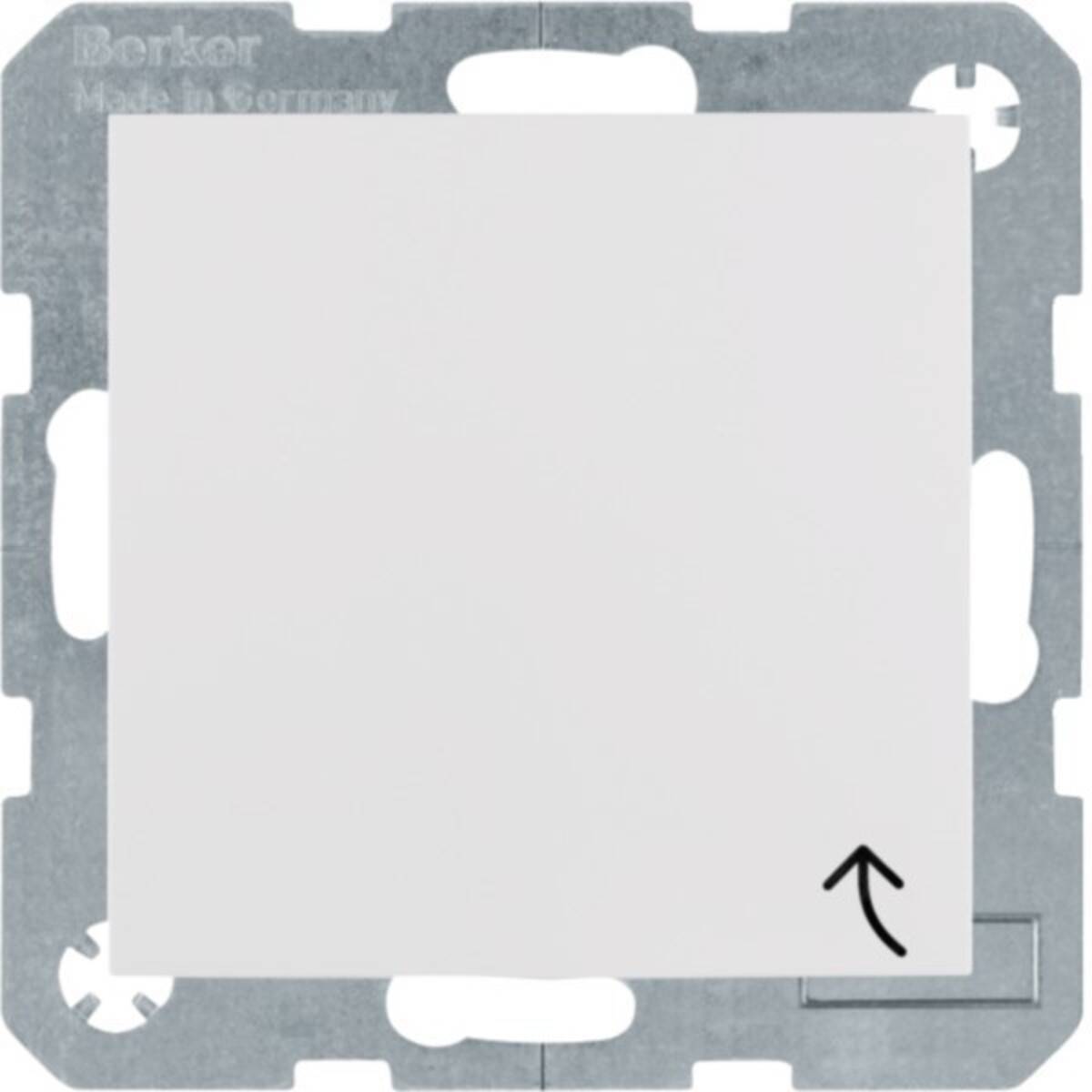 Weiße quadratische Wandschalter-Abdeckplatte auf einem grauen Montagrahmen, gekennzeichnet mit einem kleinen Pfeil nach oben in der unteren rechten Ecke.