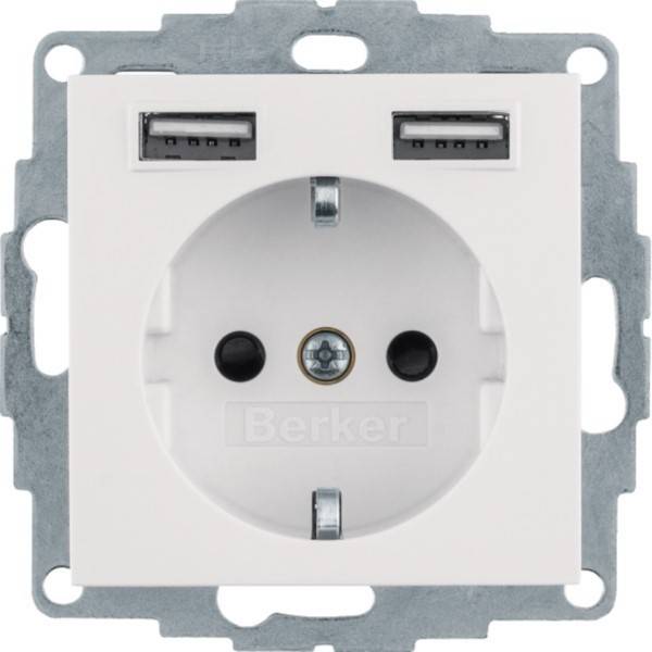 Weiße Wandsteckdose mit zwei USB-Ladeanschlüssen über einer europäischen Steckdose, in einem Metallrahmen montiert.