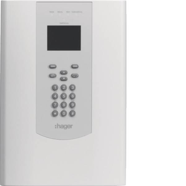 Weißes elektronisches Kontrollpanel mit einem LCD-Bildschirm und Tastatur mit nummerierten und Funktionstasten; mit der Bezeichnung 'Hager'.