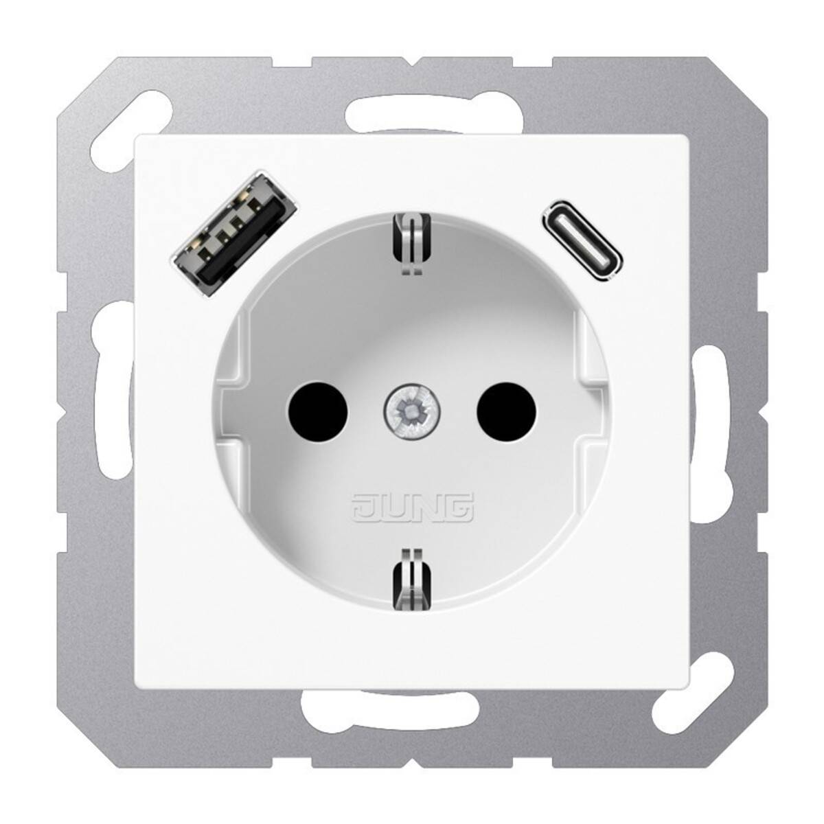 Weiße Wandsteckdose mit integrierten USB-Anschlüssen und europäischer Zweipolsteckdose auf einer Montagerahmen.