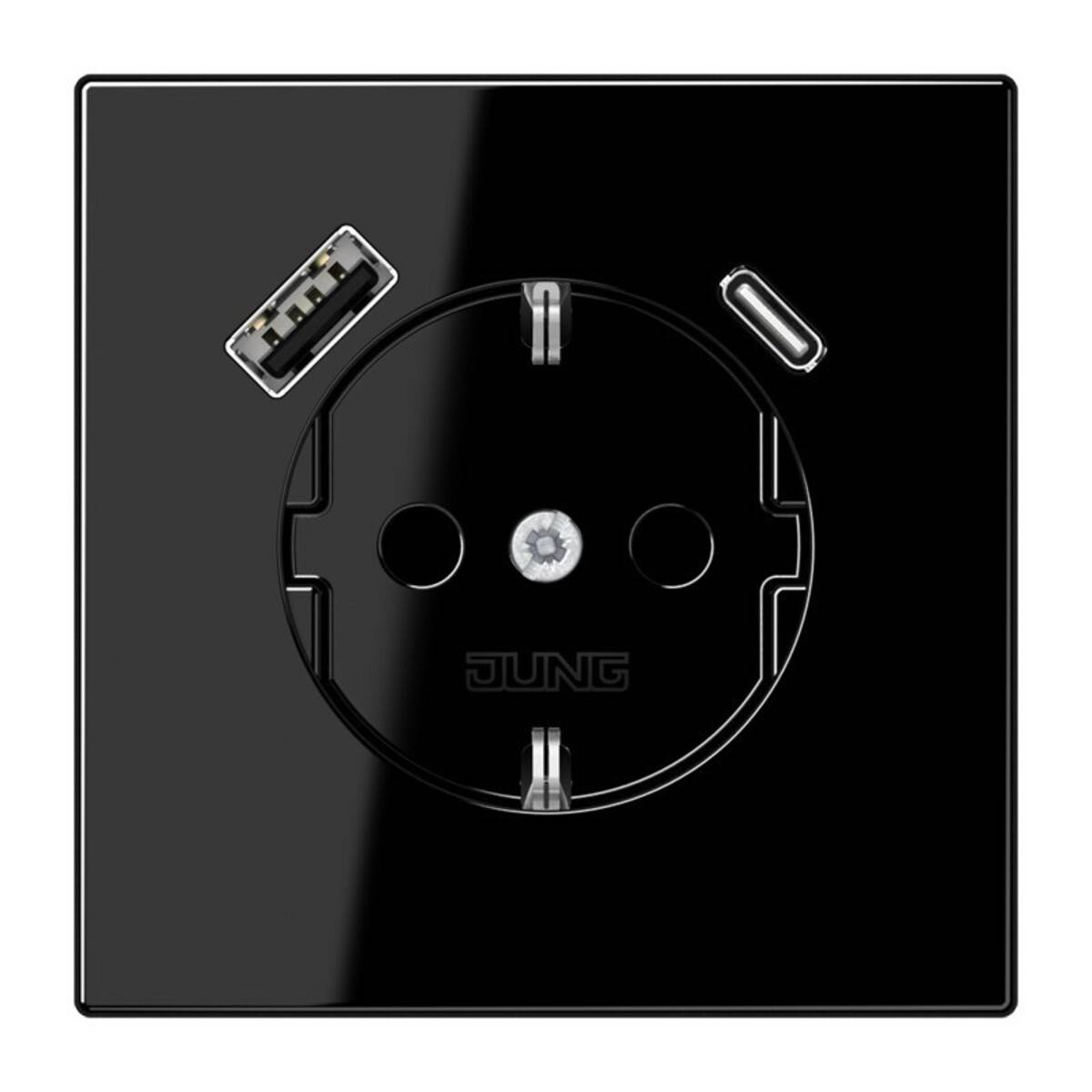 Schwarze Wandsteckdosenplatte mit einer runden europäischen Steckdose und einem kleinen USB-Ladeanschluss darüber.