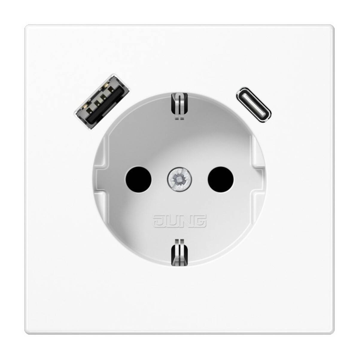Weiße Wandsteckdose mit mehreren Anschlüssen: Mitteleuropäische Steckdose in der Mitte, USB-A oben links und USB-C oben rechts.