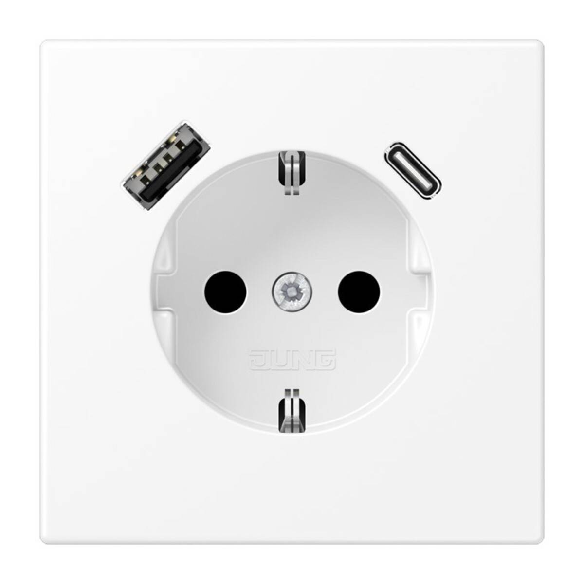 Weiße Wandsteckdose mit zwei runden Steckplätzen, Erdungskontakten und einem USB-C-Anschluss zum Laden von Geräten.