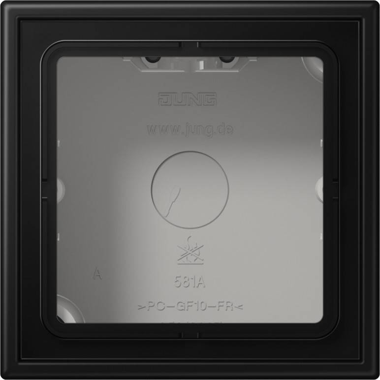 Schwarzer quadratischer Rahmen mit einer zentralen kreisförmigen Vertiefung, der ein gebrochenes Kreissymbol sowie den Text 