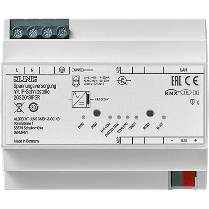 Vorderansicht eines Jung-Stromversorgungsmoduls für KNX-Hausautomation mit Anschlussbezeichnungen, Statusanzeigen und Sicherheitszertifizierungsmarkierungen.