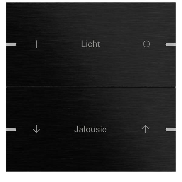 Eine schwarze Schalttafel mit zwei Tasten: 'Licht' oben mit Ein-/Ausschaltsymbolen, 'Jalousie' darunter mit Auf-/Ab-Pfeilen für Jalousien oder Rollläden.