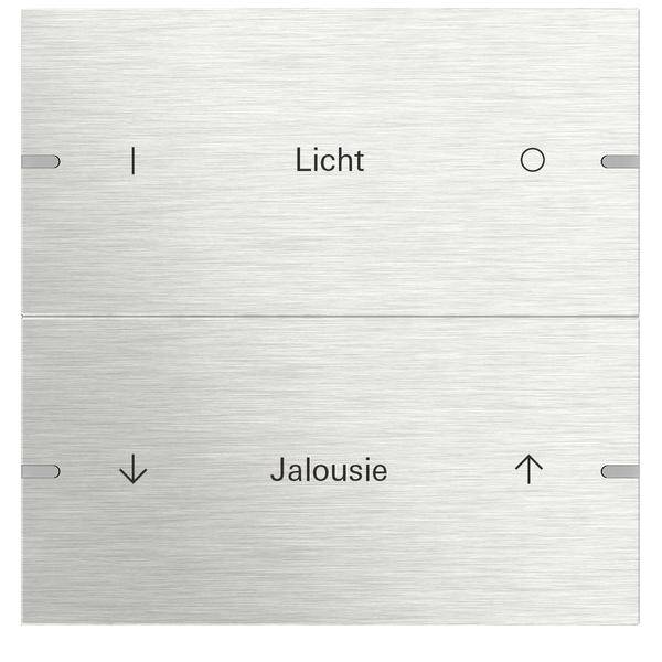 Ein metallisches Panel mit zwei Abschnitten: oberer Bereich mit 'Licht' für Lichtsteuerung mit Ein- und Aus-Symbolen; unterer Bereich mit 'Jalousie' und Auf-/Ab-Pfeilen.