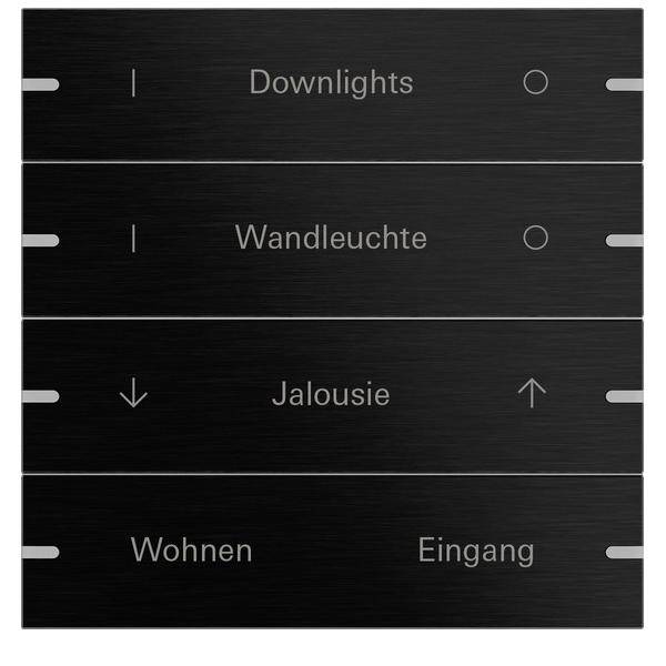 Schwarzes Panel mit vier Schaltern, beschriftet auf Deutsch: 'Downlights', 'Wandleuchte' mit einem leeren Kreis, 'Jalousie' mit Pfeilen, 'Wohnen Eingang'.