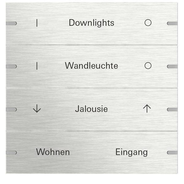 Das Bild zeigt ein Bedienfeld mit vier Tasten, beschriftet mit 'Downlights', 'Wandleuchte', 'Jalousie', 'Wohnen' und 'Eingang'.