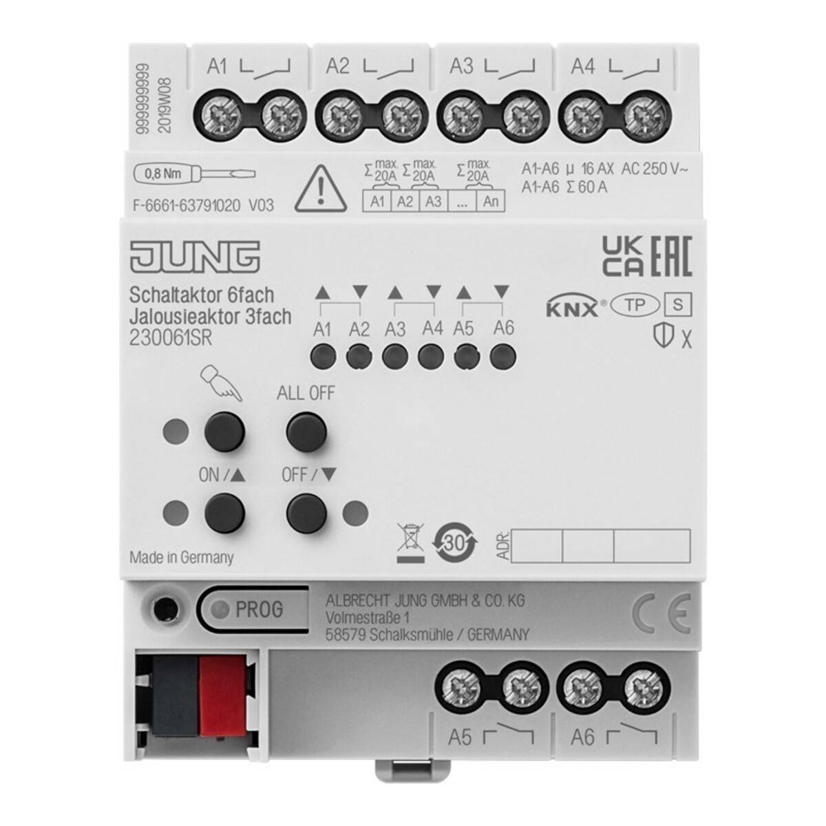 JUNG 6-Tasten-KNX-Schaltaktor-Modul mit beschrifteten Anschlüssen A1-A6, Modusschaltflächen und Statusanzeigen auf weißem Gehäuse.